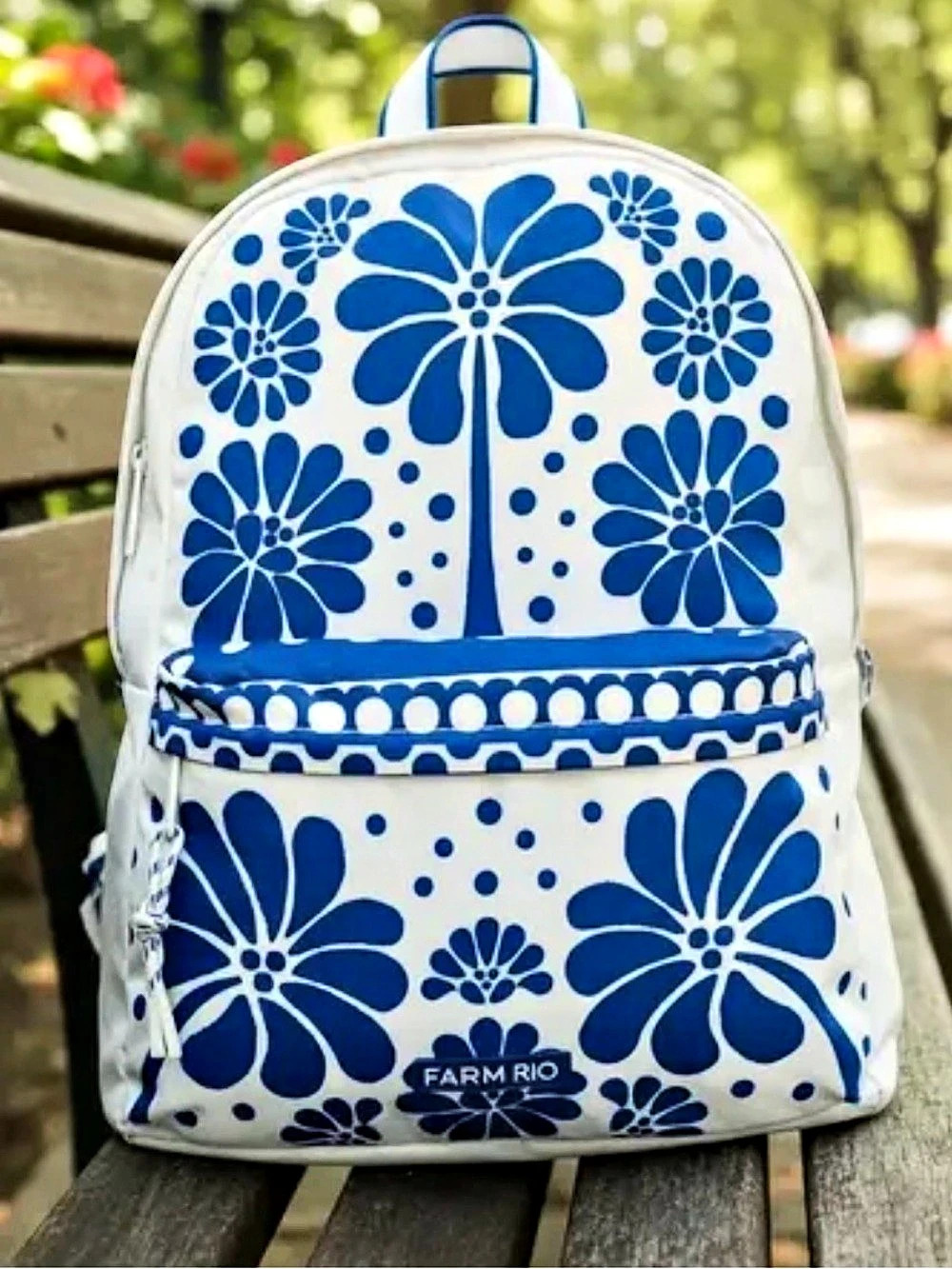 Farm Rio Blue Palermo Pocket Backpack Floral Backpack in Blue & White Like New